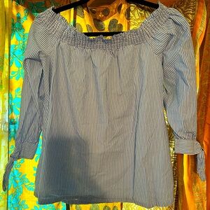 Ann Taylor Loft Top Womens Size S Off The Shoulder Striped Blue